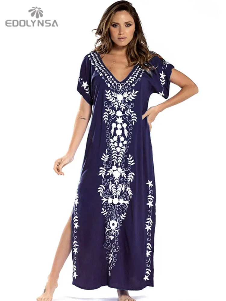 2023 Embroidery Kaftan Beach Cover Up Saida de Praia Swimsuit Women Bikini Cover-ups Tunic for Beach Pareo Sarong Beachwear Q790 - Sun Studio