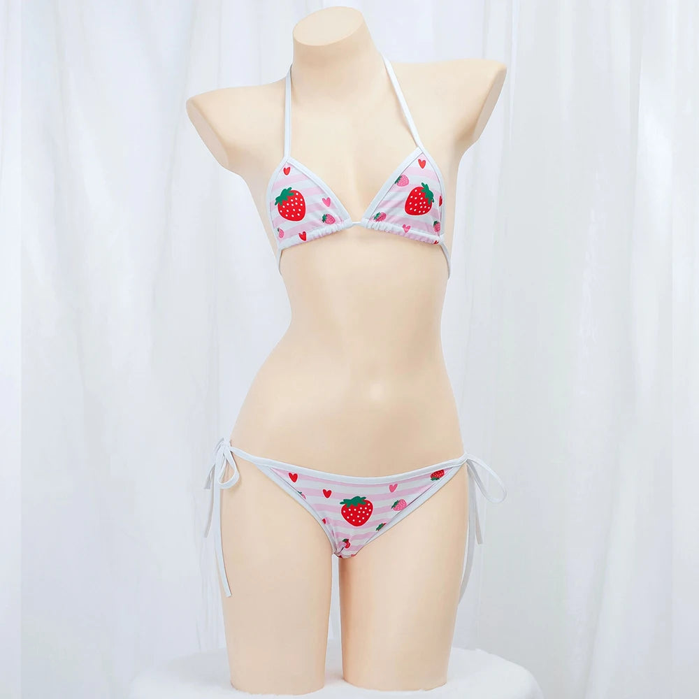 Cute Bikini Swimwear Women 2025 Strawberry Print Girl Lace Up Bathing Suit Low Waist Mini Bikinis Sets Beach Swimsuit - Sun Studio