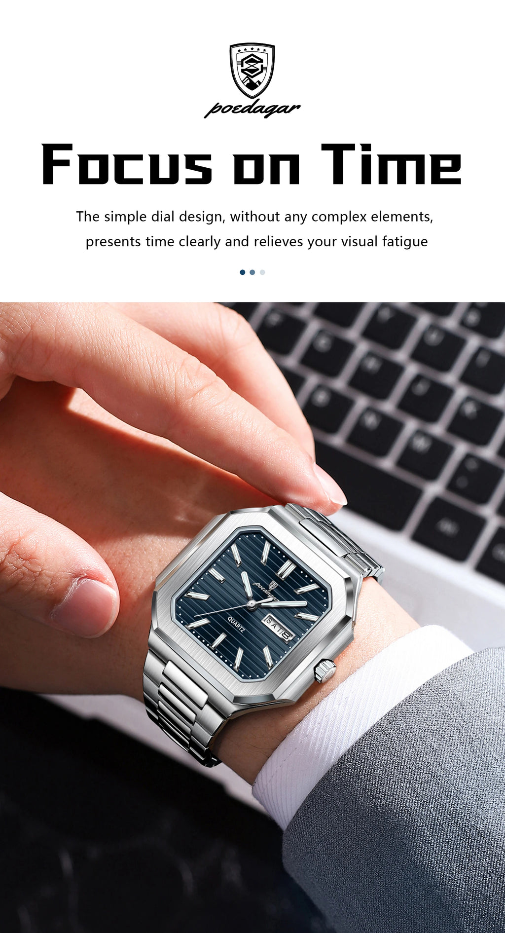 POEDAGAR Square Fashion Man Wristwatch Waterproof Luminous Date Week Quartz Men's Watches Stainless Steel Luxury Men Watch Reloj - Sun Studio