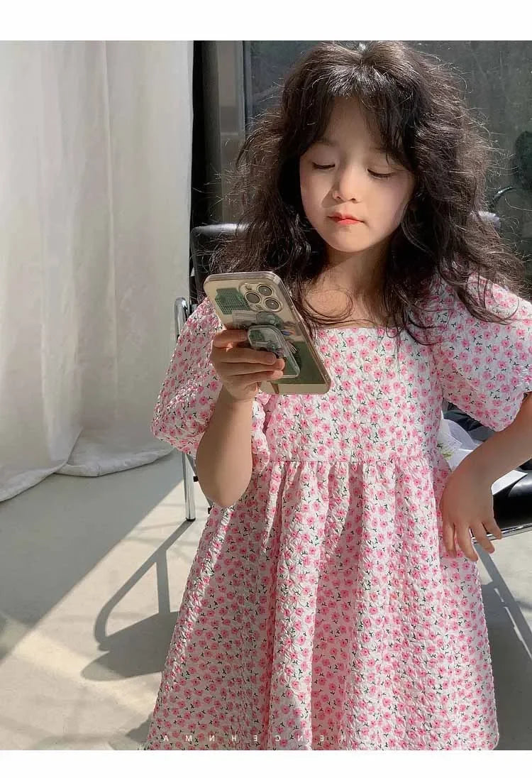 Girls Casual Dresses Floral Print Puffy Sleeves Dress Flower Girl Dresses Square Collar Clothes for Kids 3 To 7 Years - Sun Studio