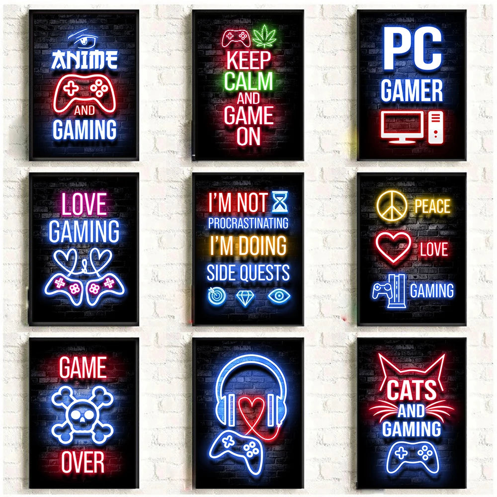 Gaming Gamer Quotes Neon Poster Vintage Gamepad Symbol Quote Canvas Painting Wall Art for Game Room Home Club Decor Mural - Sun Studio