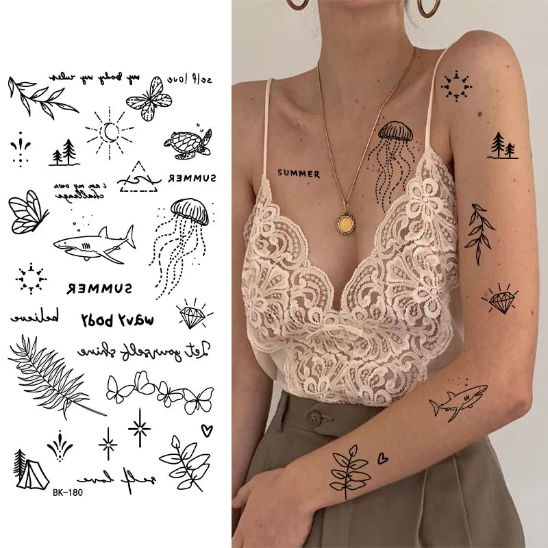 Schwarz Weiß Temporäre Transfer Tattoos Florale Schmetterlinge Schriftzüge Linienkunst Wasserfeste Körperaufkleber für Musikfestival Party
