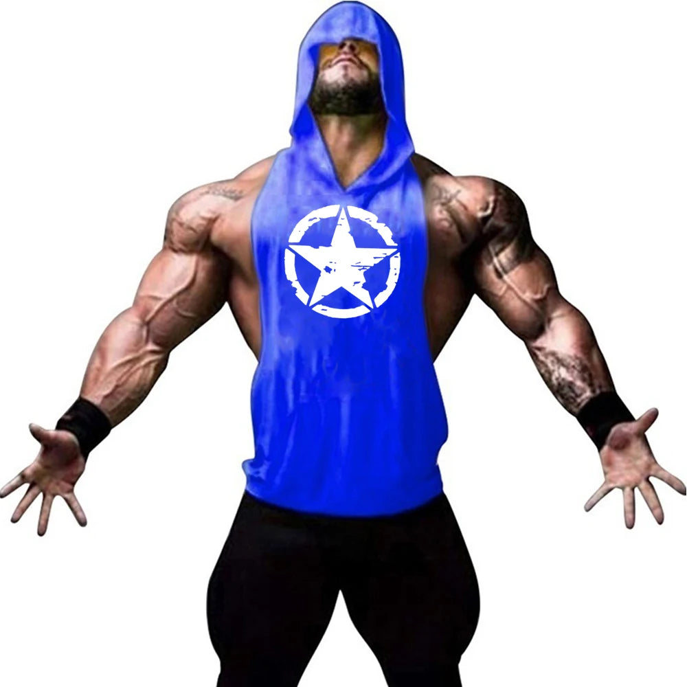 Fitness muscle vest sleeveless hooded men's summer gym sports hooded sweatshirt training sweat absorbing short sleeved vest - Sun Studio