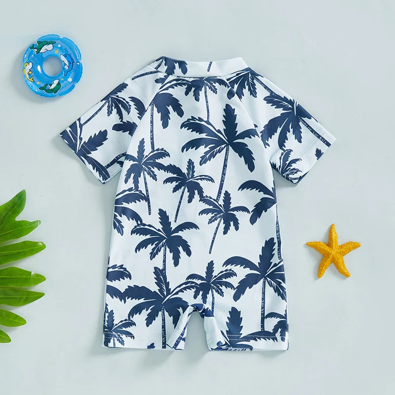 Summer Toddler Infant Baby Boys Girl Rash Guard Swimsuit Coconut Tree Print Short Sleeve Mock Neck Zip Bathing Suit - Sun Studio