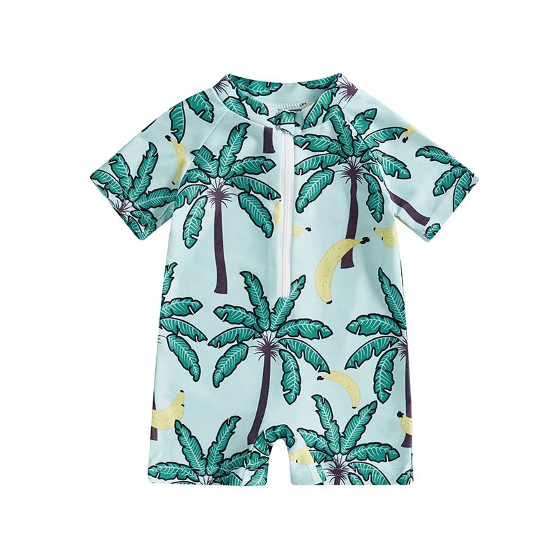Summer Toddler Infant Baby Boys Girl Rash Guard Swimsuit Coconut Tree Print Short Sleeve Mock Neck Zip Bathing Suit - Sun Studio