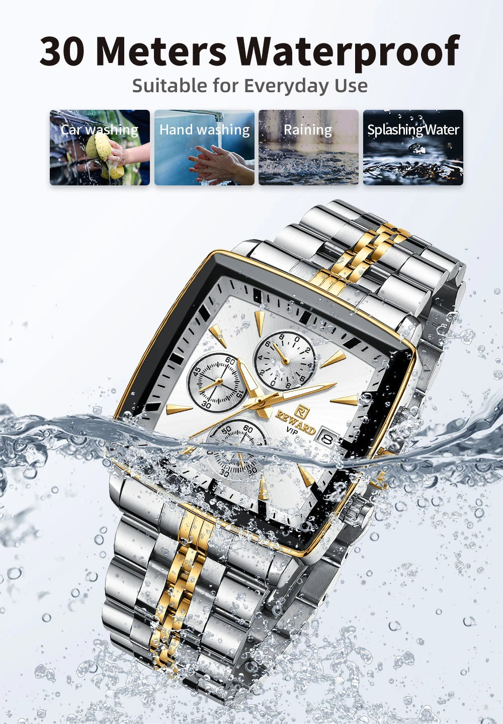 REWARD Fashion Square Dial Watch for Men Stainless Steel Waterproof Quartz Chronograph Mens Watches Luxury Sport Male Clock - Sun Studio