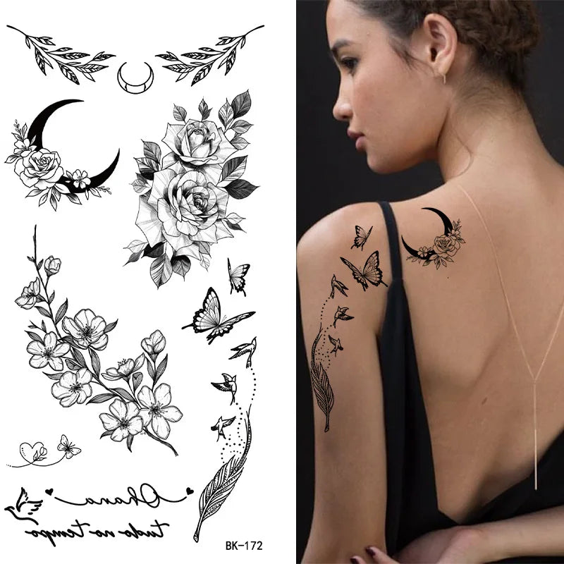 Schwarz Weiß Temporäre Transfer Tattoos Florale Schmetterlinge Schriftzüge Linienkunst Wasserfeste Körperaufkleber für Musikfestival Party