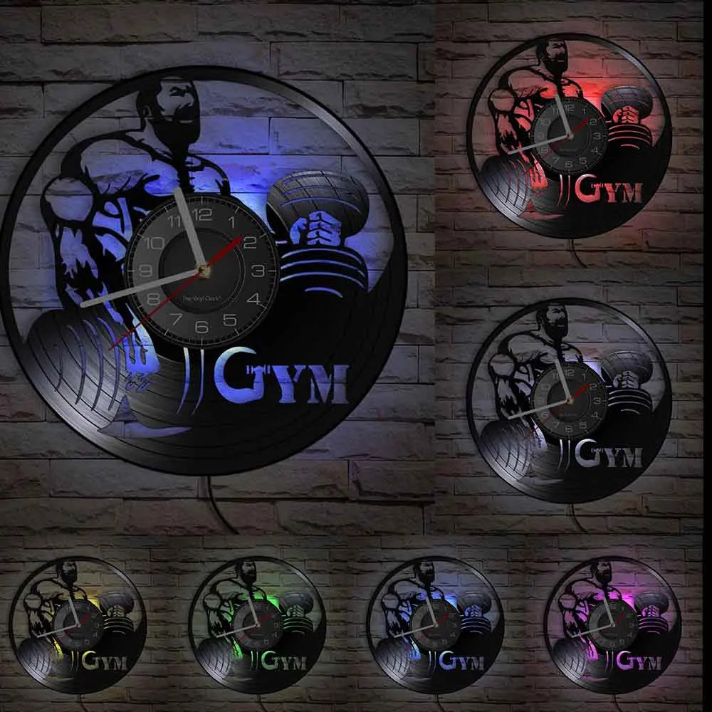 Fitness Equipment Thema Vinyl Schallplatte Fitness Wanduhr Heimdekoration LED Hintergrundbeleuchtung Moderne Fitness Uhr