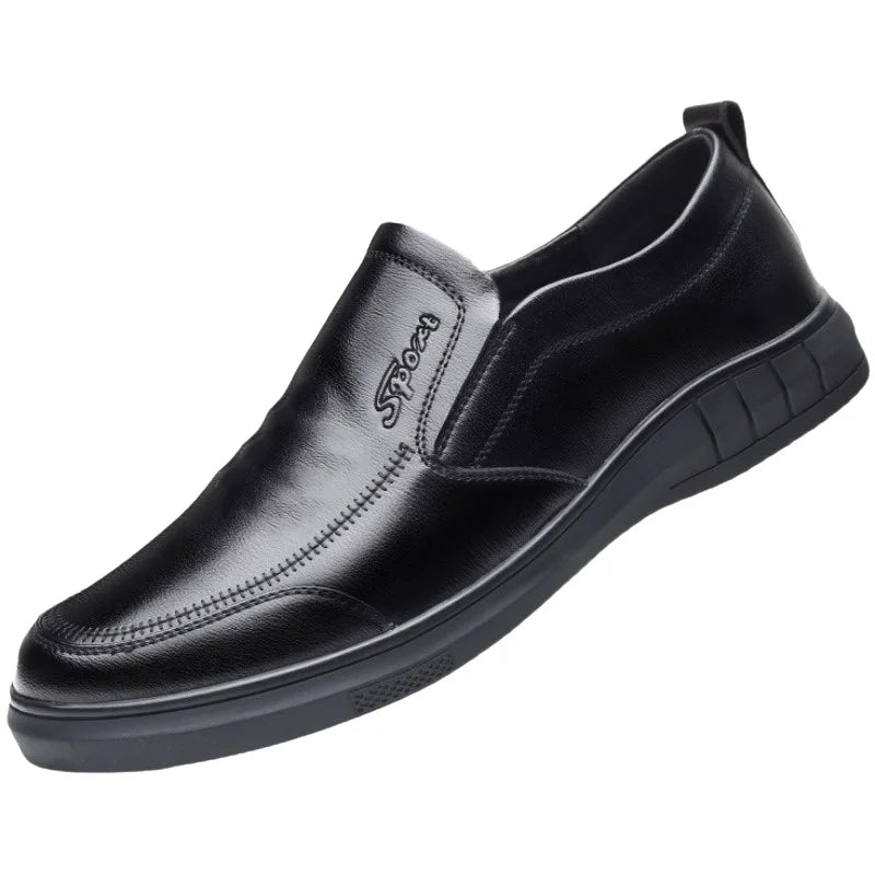 Pure Black Casual Men's Shoes Slip-On Driving Soft Bottom Anti-Slip Leather Shoes Breathable round Toe Flat Heel PVC Outsole - Sun Studio