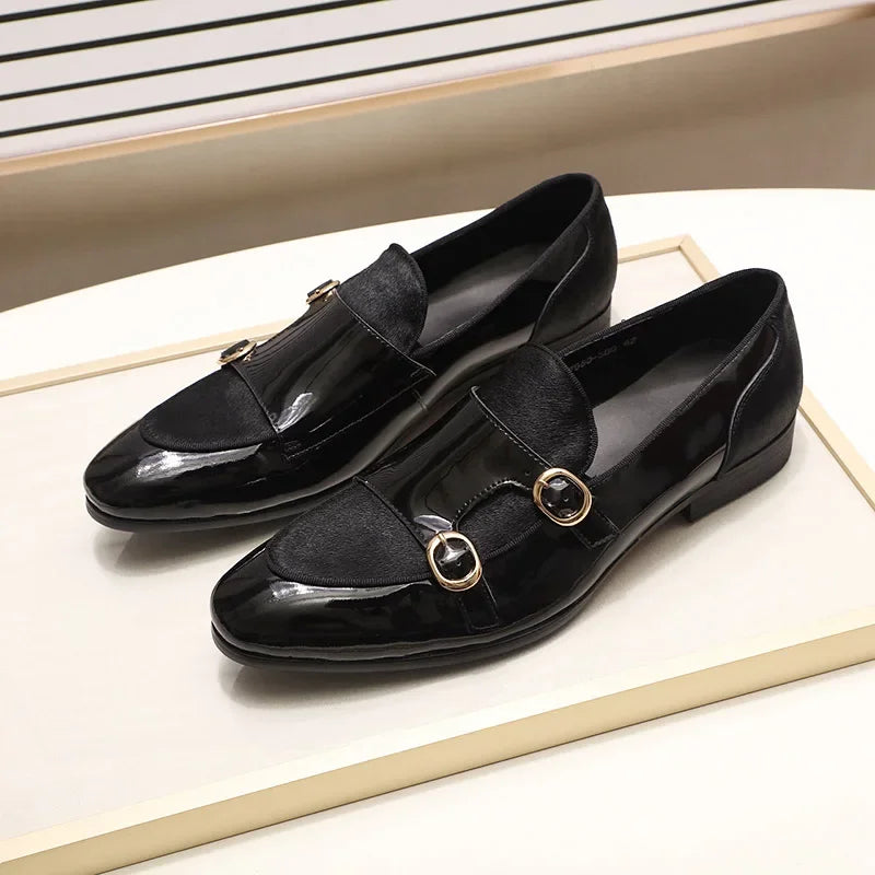 FELIX CHU Men's Patent Leather Monk Strap Dress Shoes Wedding Loafers Horse Hair Detail Casual Formal Party Gentlemen Footwear - Sun Studio