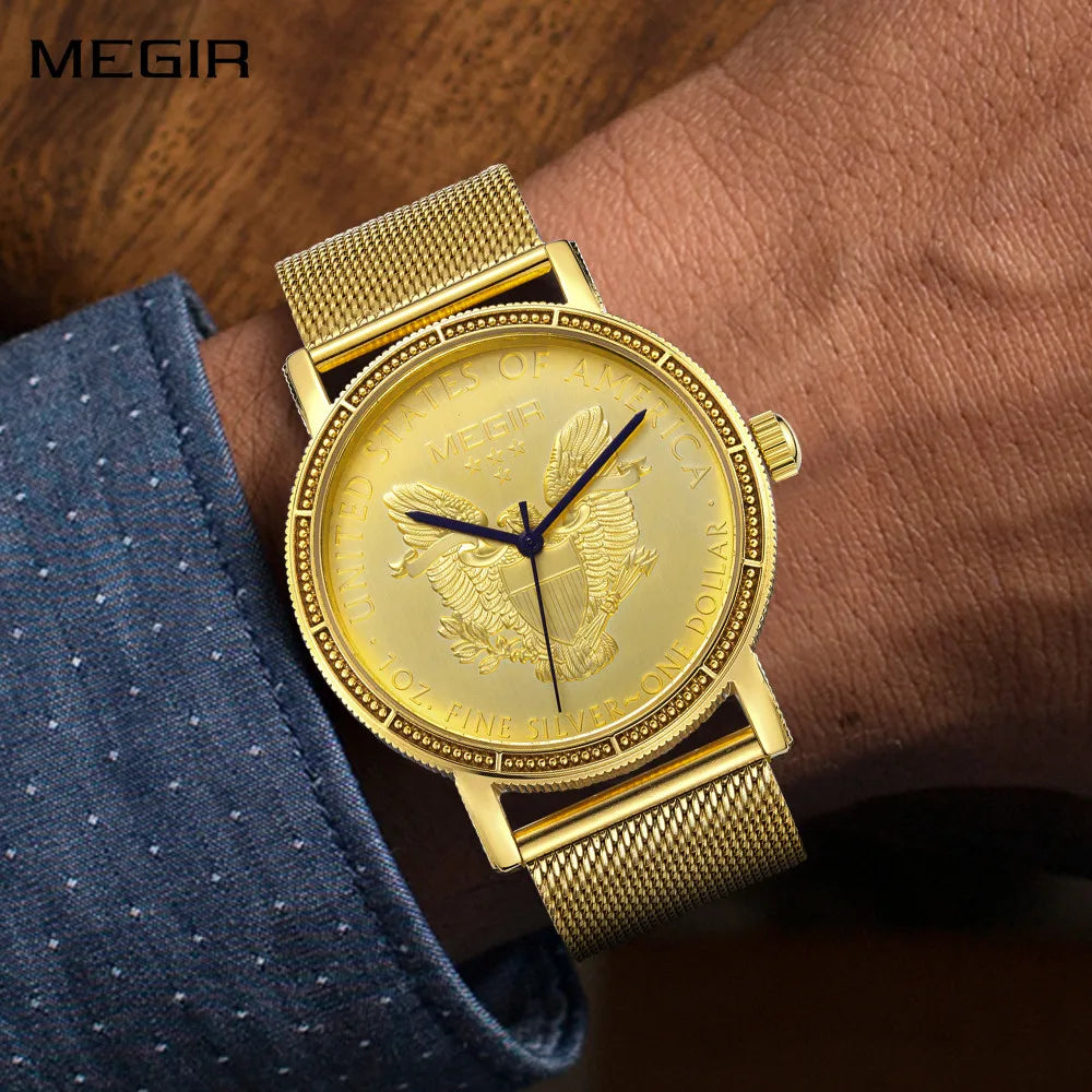 MEGIR Luxury Business Watches for Men Gold Steel Mesh Strap Man Quartz Watches Waterproof Wristwatch Clock Reloj Hombre 2032 - Sun Studio