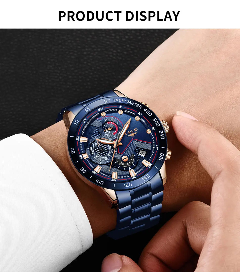 LIGE Business Men Watch Luxury Brand Stainless Steel Wrist Watch Chronograph Army Military Quartz Watches Relogio Masculino+BOX - Sun Studio