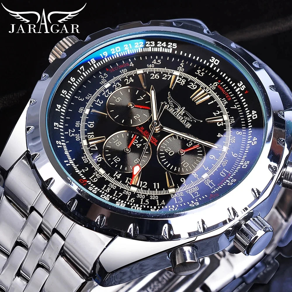 JARAGAR Sports Mens Watches Top Brand Luxury Automatic Mechanical Watch for Men Silver Stainless Steel Strap Military Wristwatch - Sun Studio