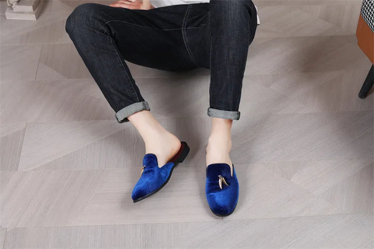 Fashion New Men Velvet Tassels Half Slippers Loafer Male Casual Purple Green Blue Black Mules Moccasins Breathable Driving Shoes - Sun Studio