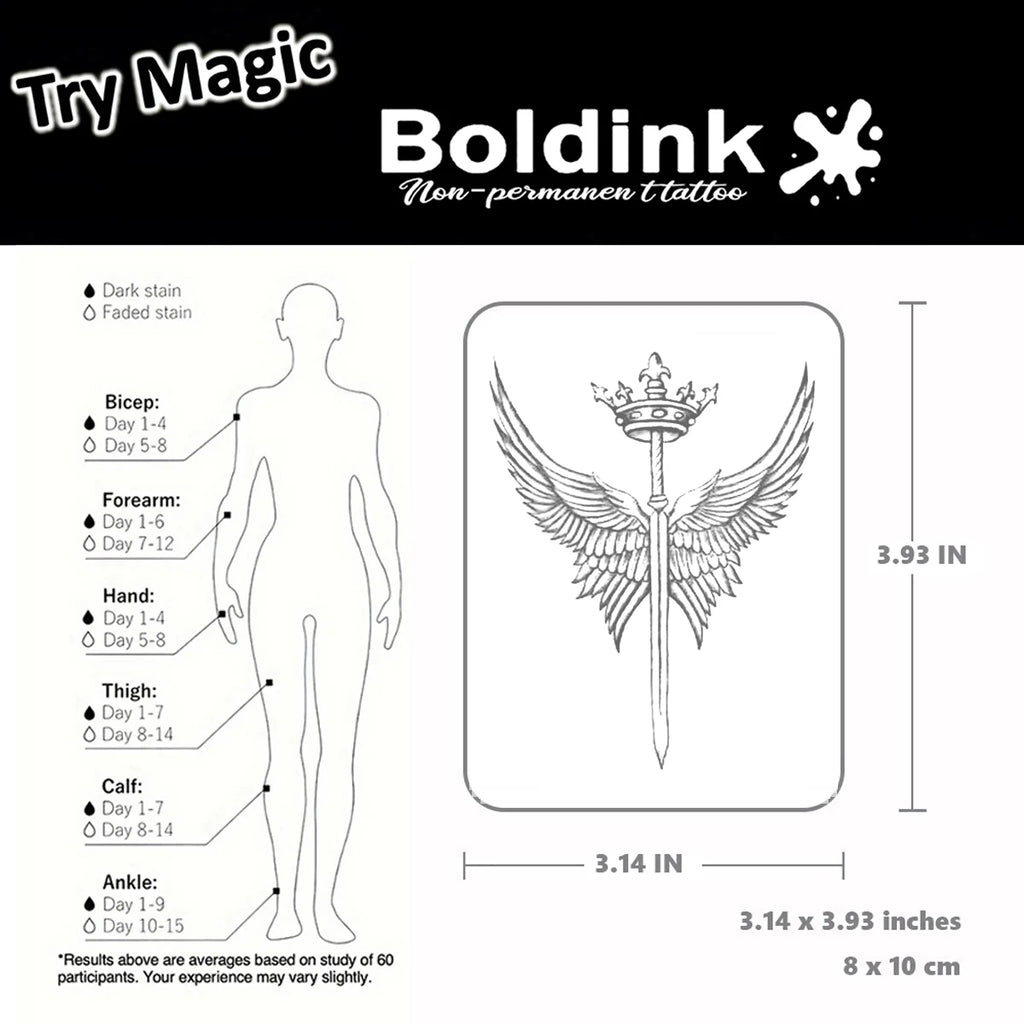 Boldink Crowned Sword with Wings Temporary Tattoo,Lasts To 15 Days New Technology Magic Waterproof Semi Permanent Sticker. - Sun Studio