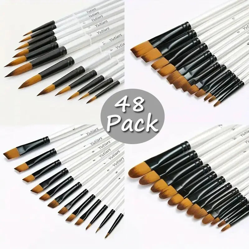 12/48Pcs Professional Quality Art Watercolor Brushes White Nylon Round Tip Set for Acrylic and Brushes for Face Body Nail Art - Sun Studio