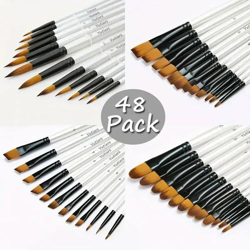 12/48Pcs Professional Quality Art Watercolor Brushes White Nylon Round Tip Set for Acrylic and Brushes for Face Body Nail Art - Sun Studio