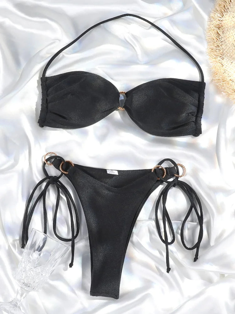 Halter Bikinis Sexy Swimsuit Women Solid Color Swimwear Hollow Out Bikini Set Two Piece Suit Summer Bathing Suits - Sun Studio