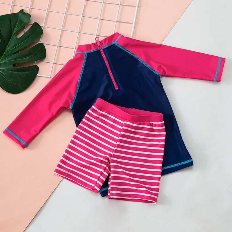 Girls Cute Cartoons Unicorns Split Swimsuit Set For 1-7Years Kids Long Sleeves Bathing Suit+Boxer Shorts+Hat Three-piece Set - Sun Studio