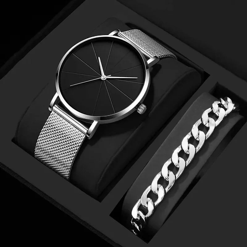 Mens Fashion Business Quartz Wristwatch Fashion Calendar Men Watch Stainless Steel Mesh Belt Men Luxury Silver Bracelet Watches - Sun Studio