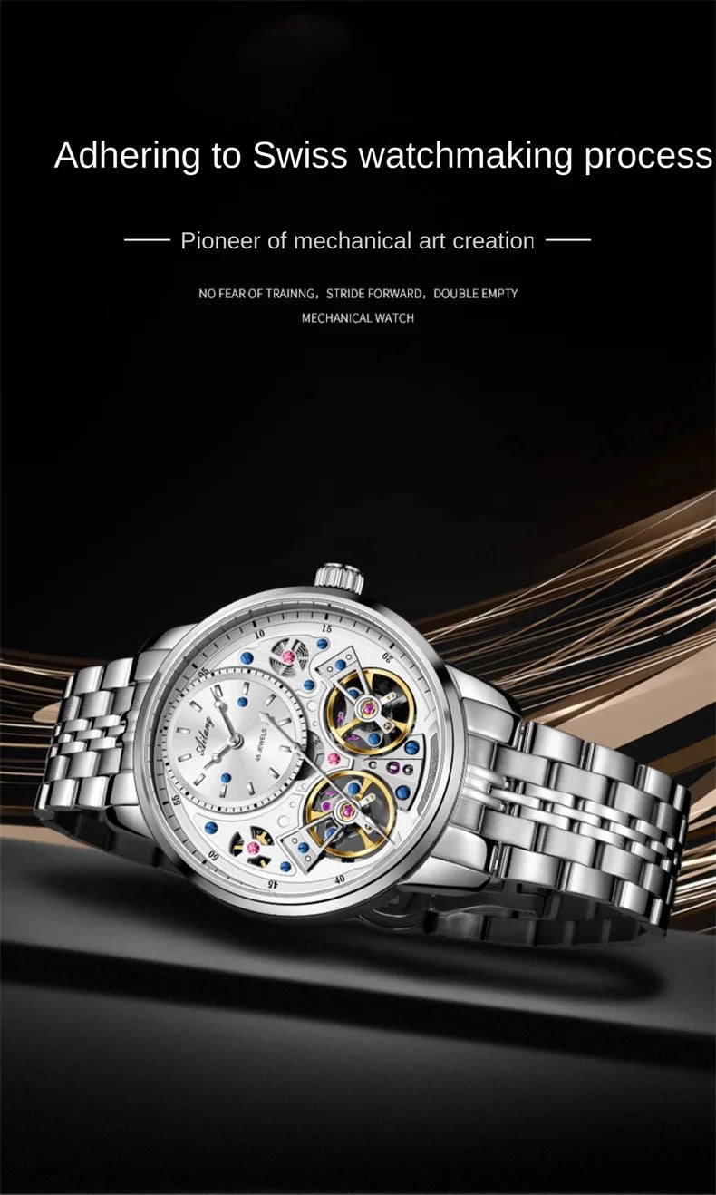 AILANG Brand New Luxury Double Tourbillon Watch for Men Stainless Steel Strap Waterproof Fashion Mechanical Watches Mens - Sun Studio