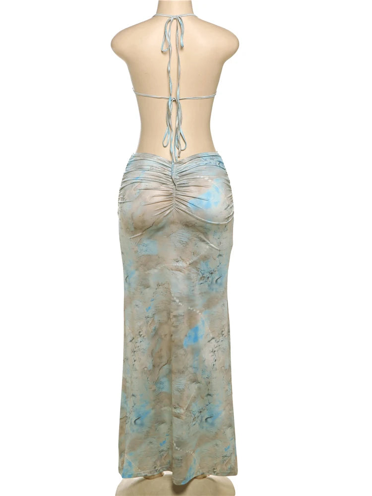 kliou Pearl Splice Stunning Dresses Women Sexy Tie Dye Tassel Bandage Hollow Shirring Maxi Bodycon Lady Vacation Party Vestidos - Sun Studio