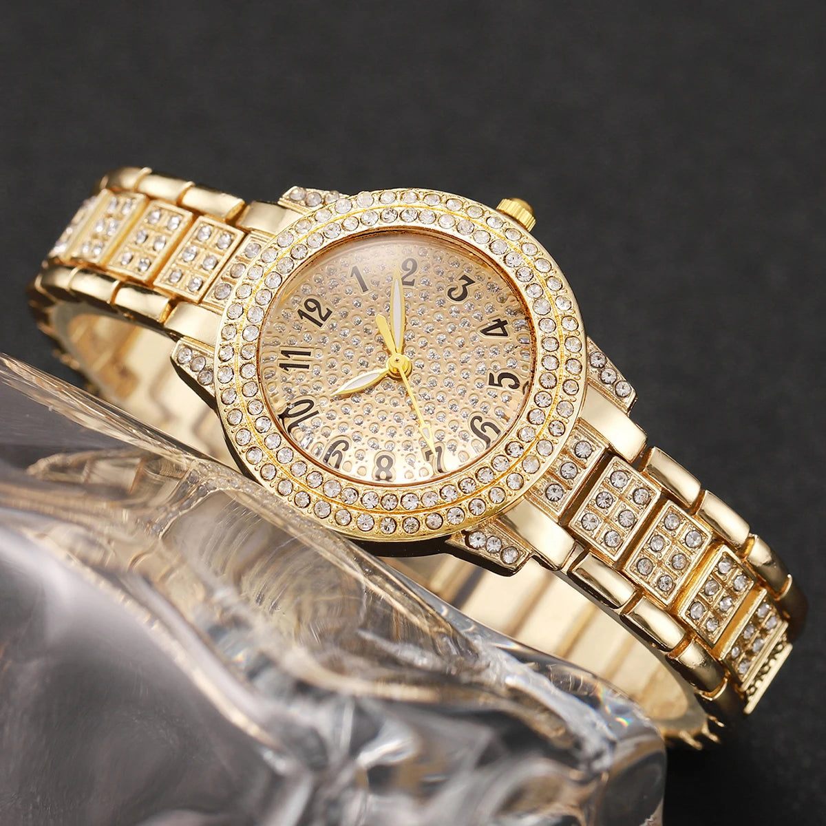 6PCS Fashion Full Diamond Women's Watch Gold Steel Band Analog Quartz Watches Jewelry Set（Without Box） - Sun Studio