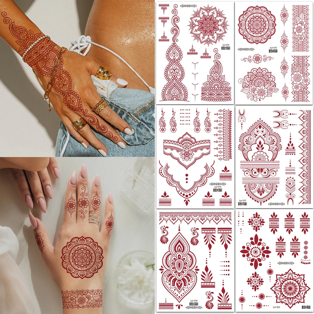 6 Sheets India Mehndi Design Brown Red Maroon Tattoo Stickers, Water Transfer Fake Henna Tattoos For Women Full Hand Tattoos - Sun Studio