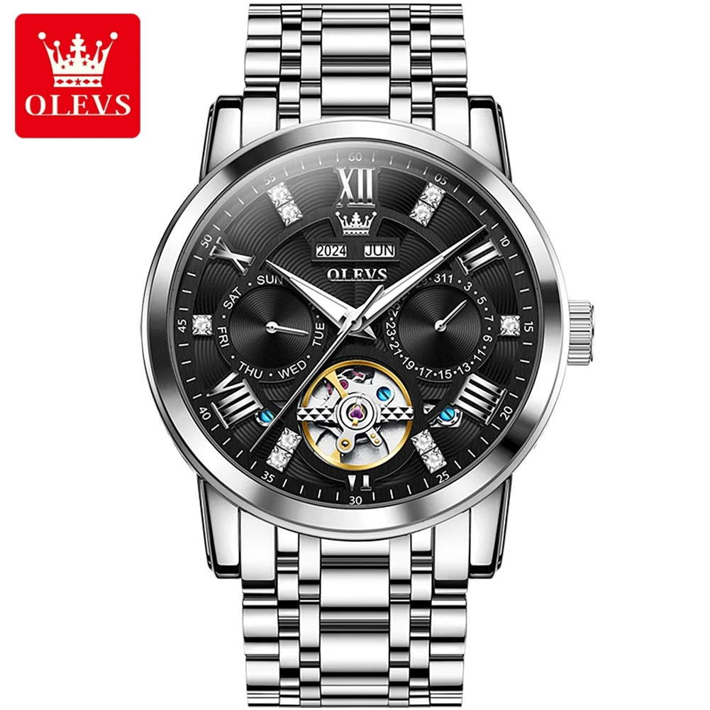 OLEVS 6701 Top Original Automatic Watch for Men Stainless Steel Hollow Skeleton Mechanical Watch Waterproof Business Wristwatch - Sun Studio