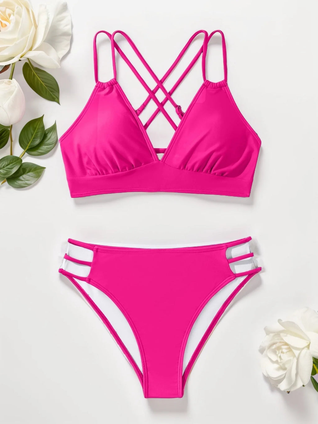 Solid Color Black Two Piece Swimsuit for Women Summer New High Waist Bikini Set Beach Vacation V-neck Backless Swimwear 2024 - Sun Studio