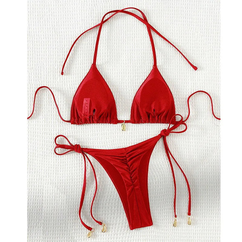 2 Pcs/Set Bikini Set Sexy Bikinis 2025 Bathing Suit Solid Color Halter Neck Strap Thong Women Swimsuit Set for Beach Swimwear - Sun Studio