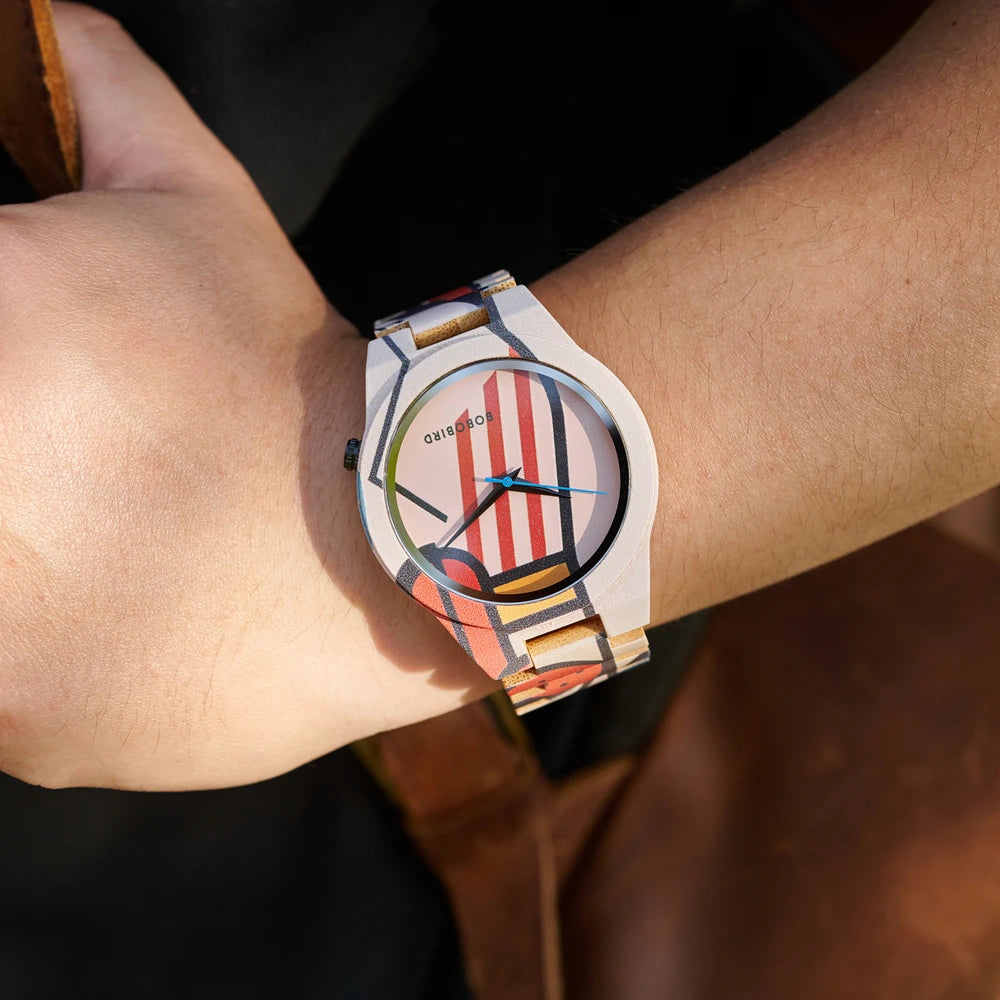 Men's Watches BOBO BIRD Bamboo Quartz Watch Pattern Printing Colorful Wooden Wristwatch 2025 New - Sun Studio