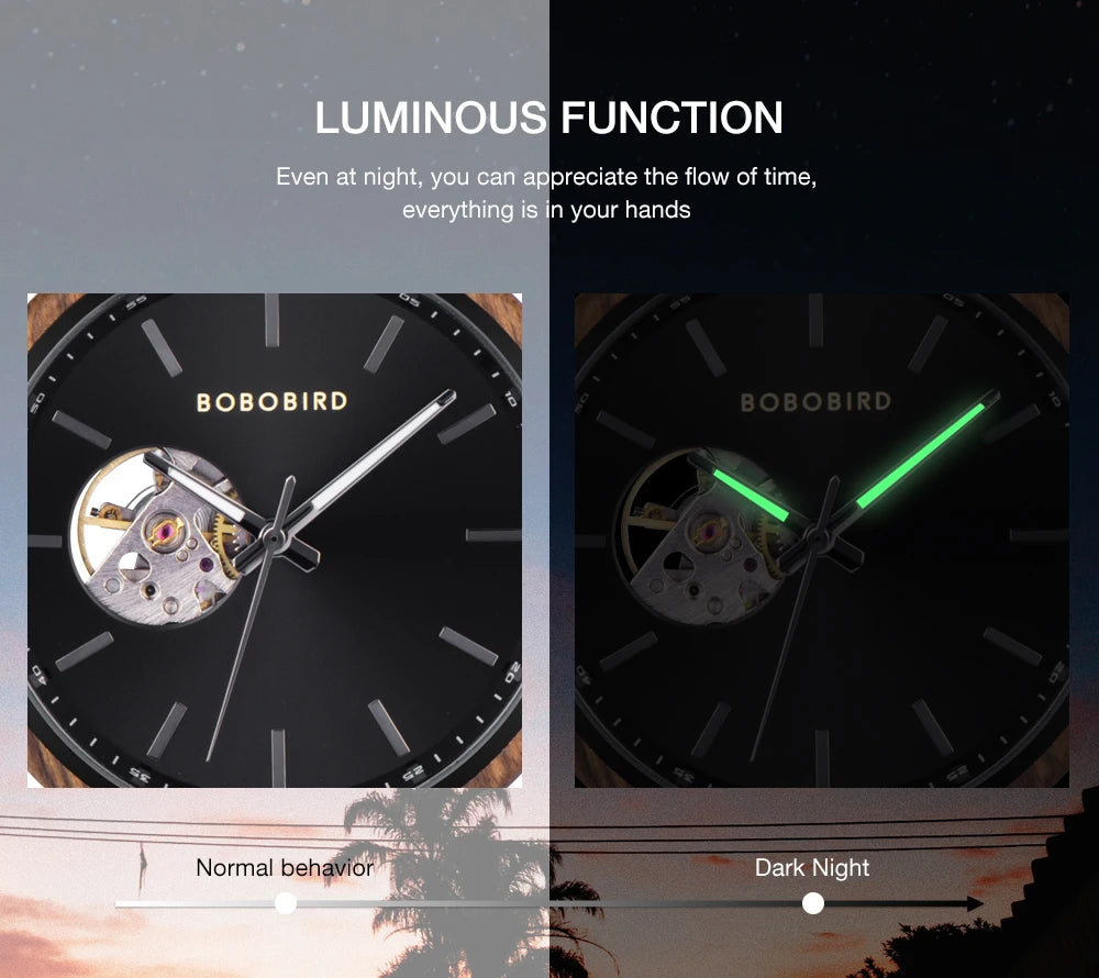 BOBO BIRD New Mechanical Watches for Men Luxury Wood and Stainless Steel Skeleton Customized Automatic Watch relojes mecánicos - Sun Studio
