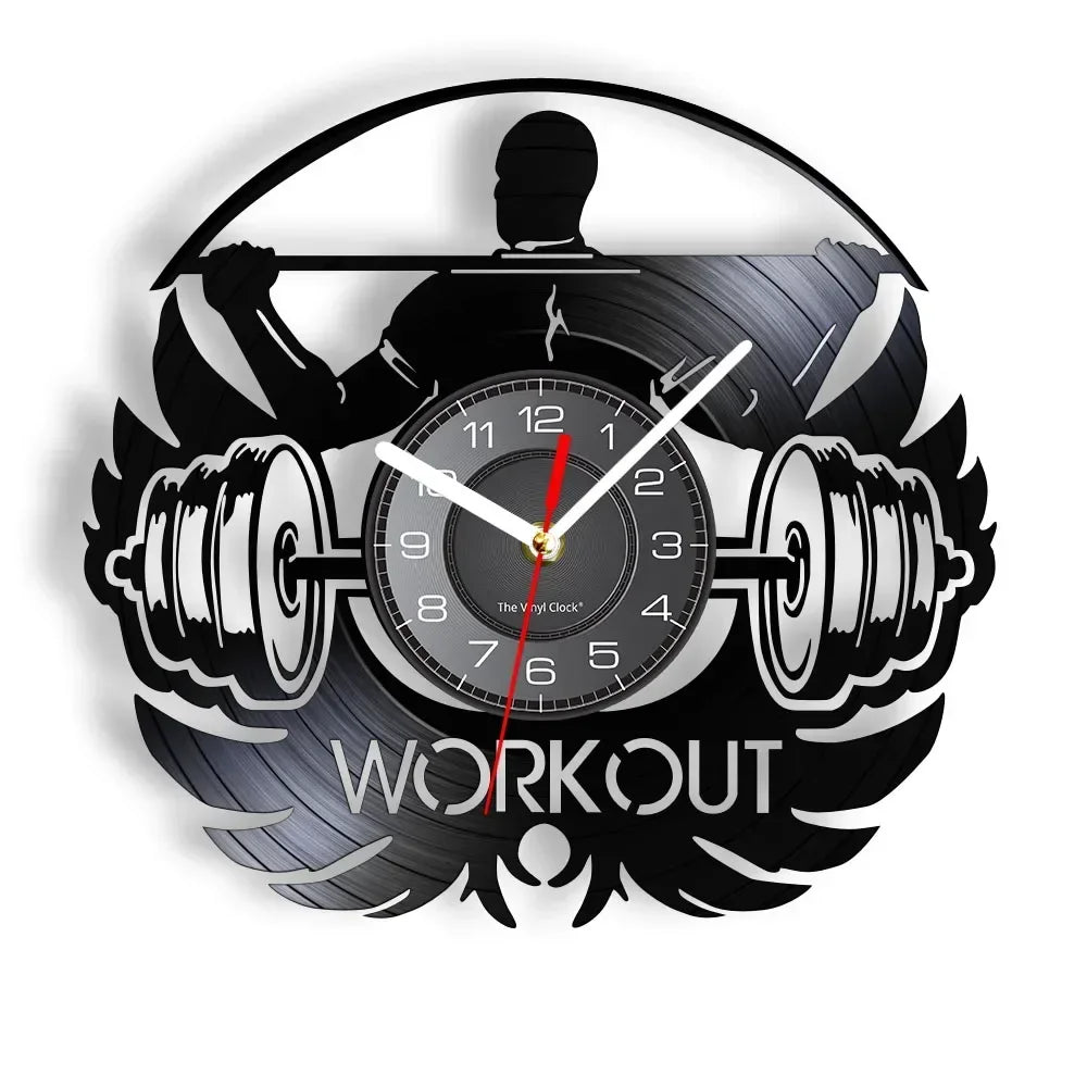 Fitness Equipment Thema Vinyl Schallplatte Fitness Wanduhr Heimdekoration LED Hintergrundbeleuchtung Moderne Fitness Uhr