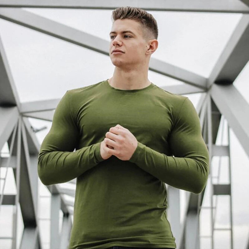 Plain Gym Fitness Bodybuilding Sport T-shirts Mens Casual Long Sleeve Cotton Shirts Cotton Breathable Workout Autumn Clothing - Sun Studio