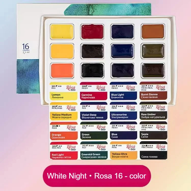 WHITE NIGHT ROSA Solid Watercolor 16/24 Colors Academy Paint Full Block Solid for Fine Arts and Watercolor Painting - Sun Studio