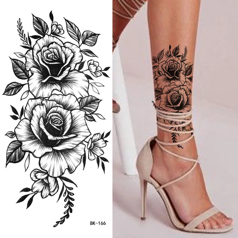 Schwarz Weiß Temporäre Transfer Tattoos Florale Schmetterlinge Schriftzüge Linienkunst Wasserfeste Körperaufkleber für Musikfestival Party