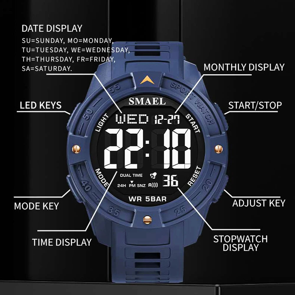 SMAEL New Men's Luxury Sports Watch Waterproof Man Watches Multifuction Man LED Digital Military Watch Alarm Clock Wristwatch - Sun Studio