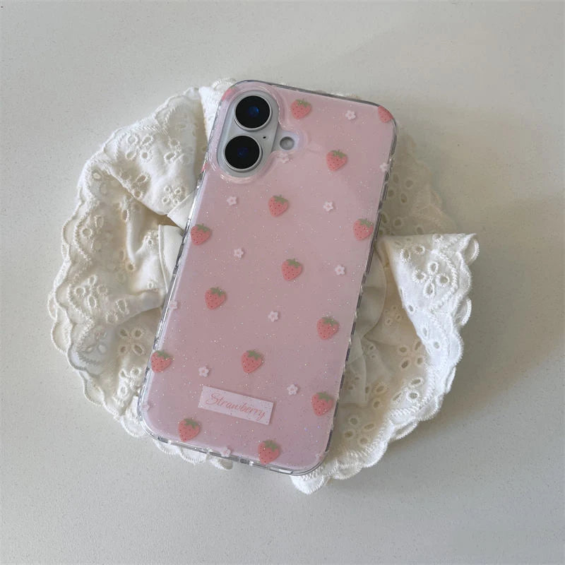 Japan Korean Ins Sparkling Pink Flowers Strawberry Minimalism Phone Case For iPhone16 15 14 13 12 11Pro Max Plus Anti Fall Cover - Sun Studio