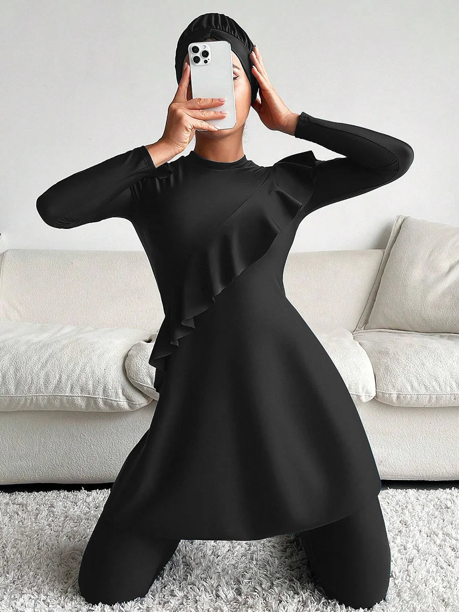 3PCS Black Series Modest Burkini Femmes Muslim Swimsuit Swimwear Summer Beach Women's Swimsuit Lotus Leaf Edge Design - Sun Studio