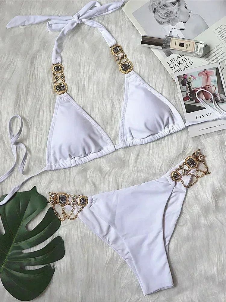 Halter Rhinestone Diamond Bikini Women Swimsuit Female Bikinis Metal Chain Swimwear Two Pieces Bikini Set Bathing Suit Swim Lady - Sun Studio