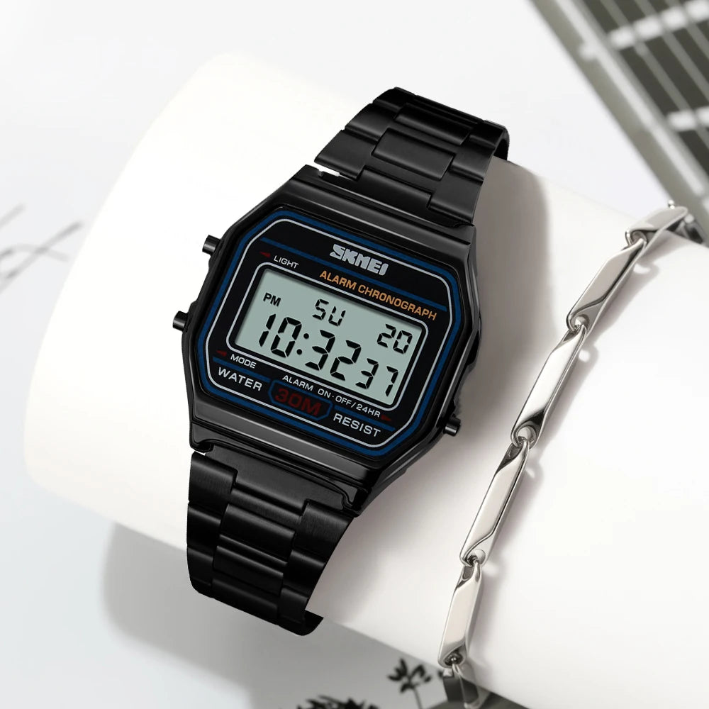 SKMEI Stainless Steel Strap Electronic Watches For Men Women Casual Sport Waterproof LED Display Digital Wristwatch and Bracelet - Sun Studio