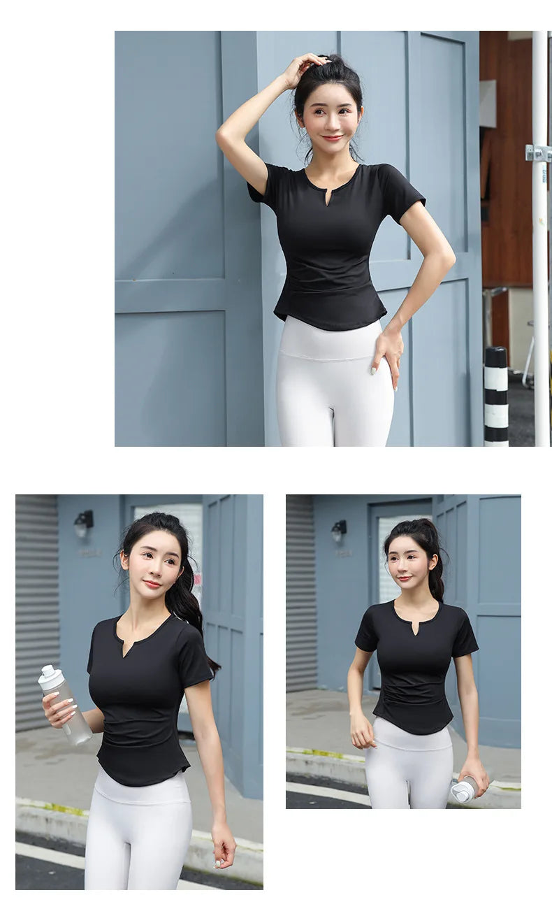 Fitness Yoga Tshirt Women's Short Sleeve Gym T-Shirt Quick Dry Running Training Breathable Slimming Moisture Wicking Sports Tops - Sun Studio