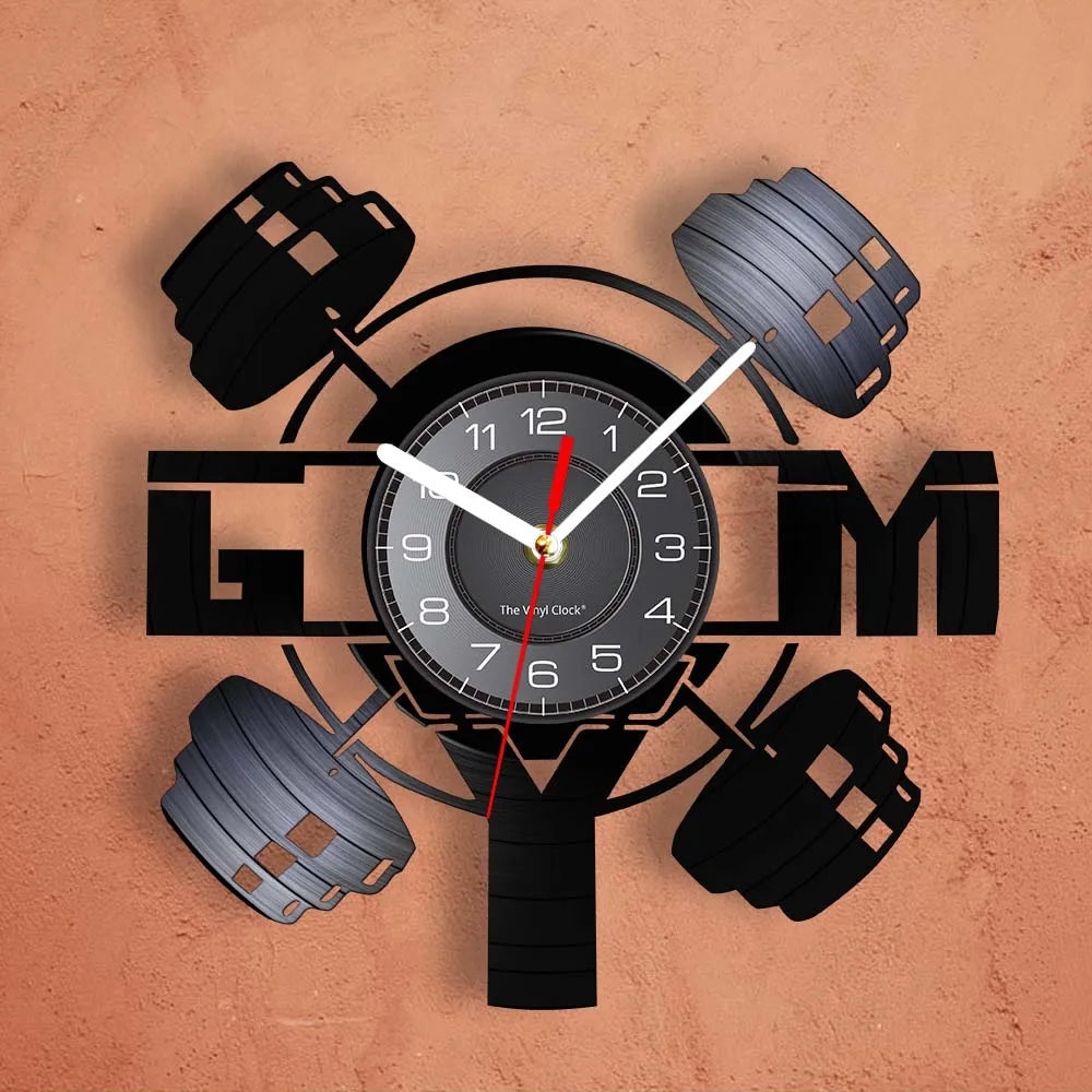 Fitness Equipment Theme Vinyl Record Fitness Wall Clock Home Decoration LED Backlight Modern Fitness Watch - Sun Studio