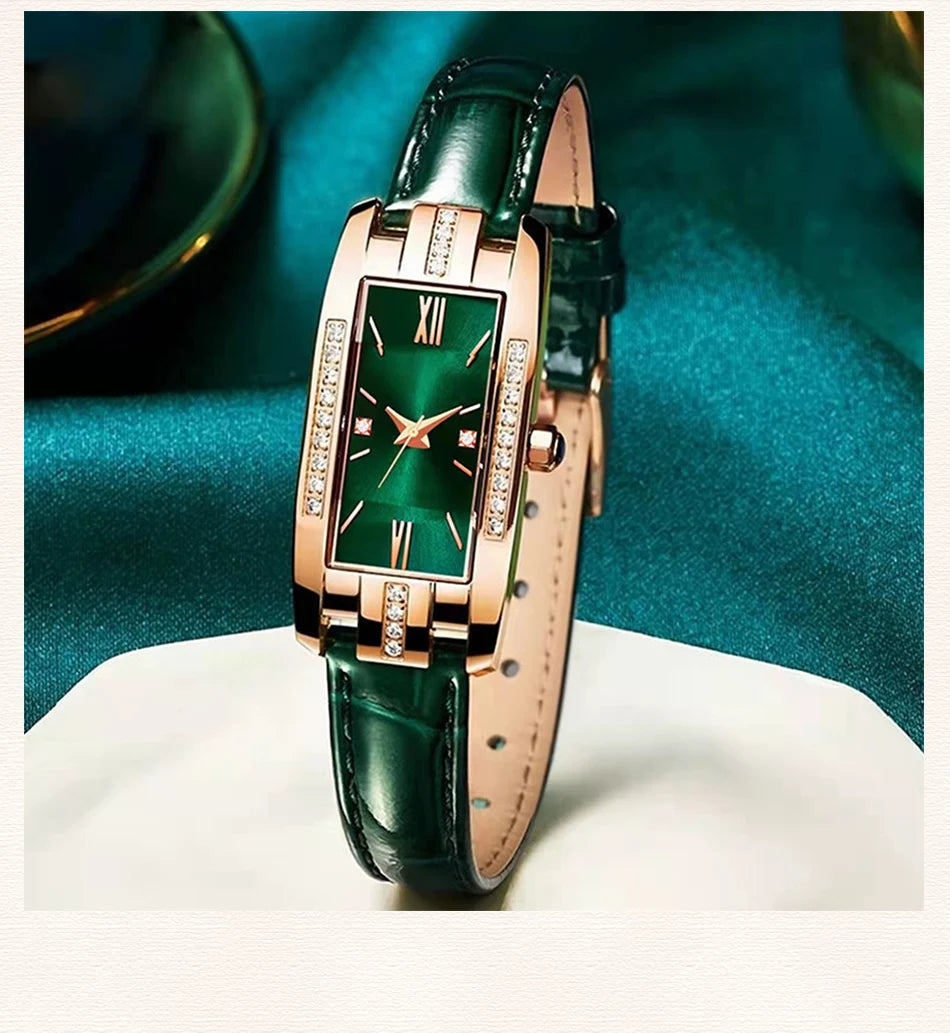 Womens Watches Fashion Square Ladies Quartz Watch Bracelet Set Green Dial Simple Leather Luxury Women Watches - Sun Studio