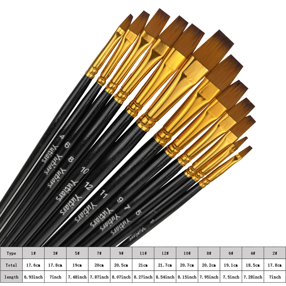 12pcs Flat Paint Brushes Set, Synthetic Nylon Bristles, Professional Artist Brushes for Oil, Acrylic, Watercolor Painting - Sun Studio