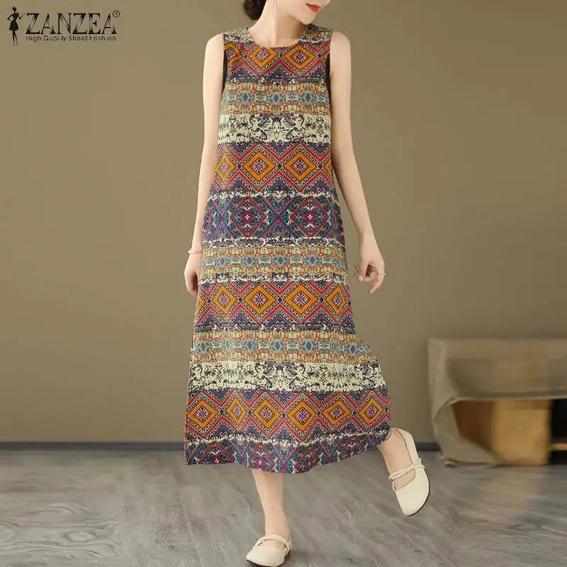 Women Bohemain Sleeveless Sundress ZANZEA Summer Printed Dress Vintage Beach Holiday Vestidos Casual O Neck Baggy Midi Dresses - Sun Studio