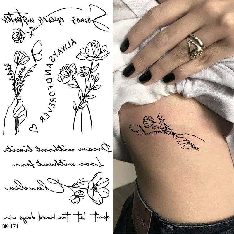 Schwarz Weiß Temporäre Transfer Tattoos Florale Schmetterlinge Schriftzüge Linienkunst Wasserfeste Körperaufkleber für Musikfestival Party