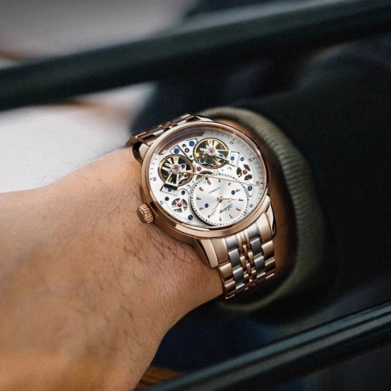 AILANG Brand New Luxury Double Tourbillon Watch for Men Stainless Steel Strap Waterproof Fashion Mechanical Watches Mens - Sun Studio