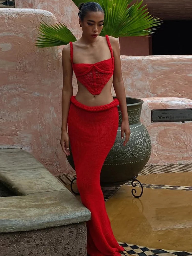 Halter Knitted Vest Bikini Top Split Fishtail Skirt Set Crochet Hollow Out Beach Swimsuit Sexy Backless Suspender Long Skirts - Sun Studio